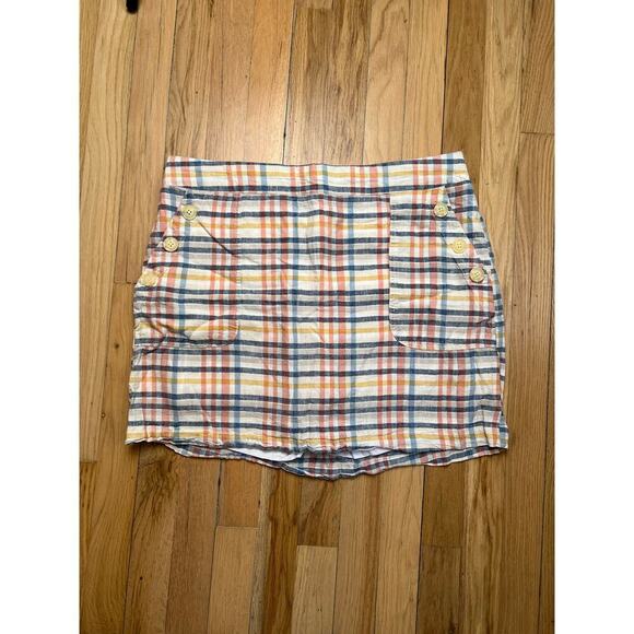 Cato Checkered Plaid Linen Blend Skirt Button Details Pink White Blue Women's L - Picture 1 of 11